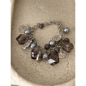 Silver Tone Charm Bracelet Faux Pearl Smoky Gray Faceted Bead Coin Dangle Chunky